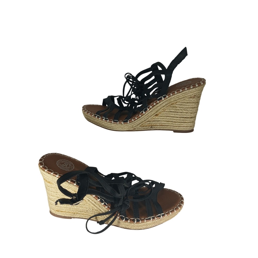 SO Espadrille Wedge Sandals 9.5 Black Strappy Lace Up Boho Summer Z955